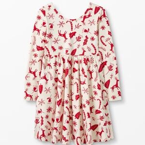 Hanna Andersson Cream Red Festive Holiday Print Dress Sz 120cm